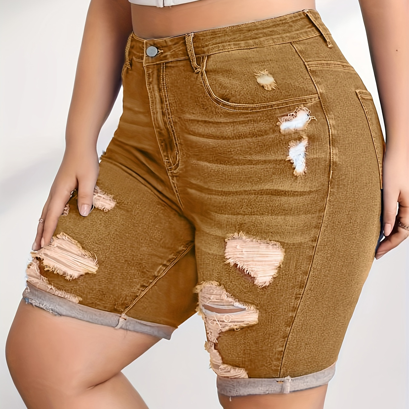 

Women's Plus Size Stretchy Rolled Cuff Hem Bermuda Ripped Denim Shorts, Street Style Jean Short Pants