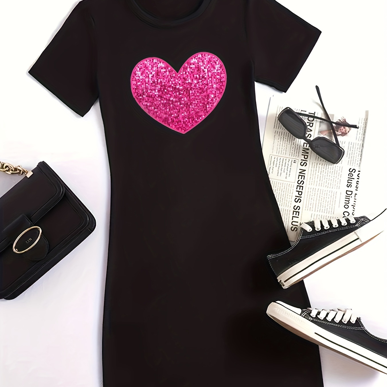 

Heart Print Tee Dress, Summer Short Sleeve Casual Dress, Women's Clothing