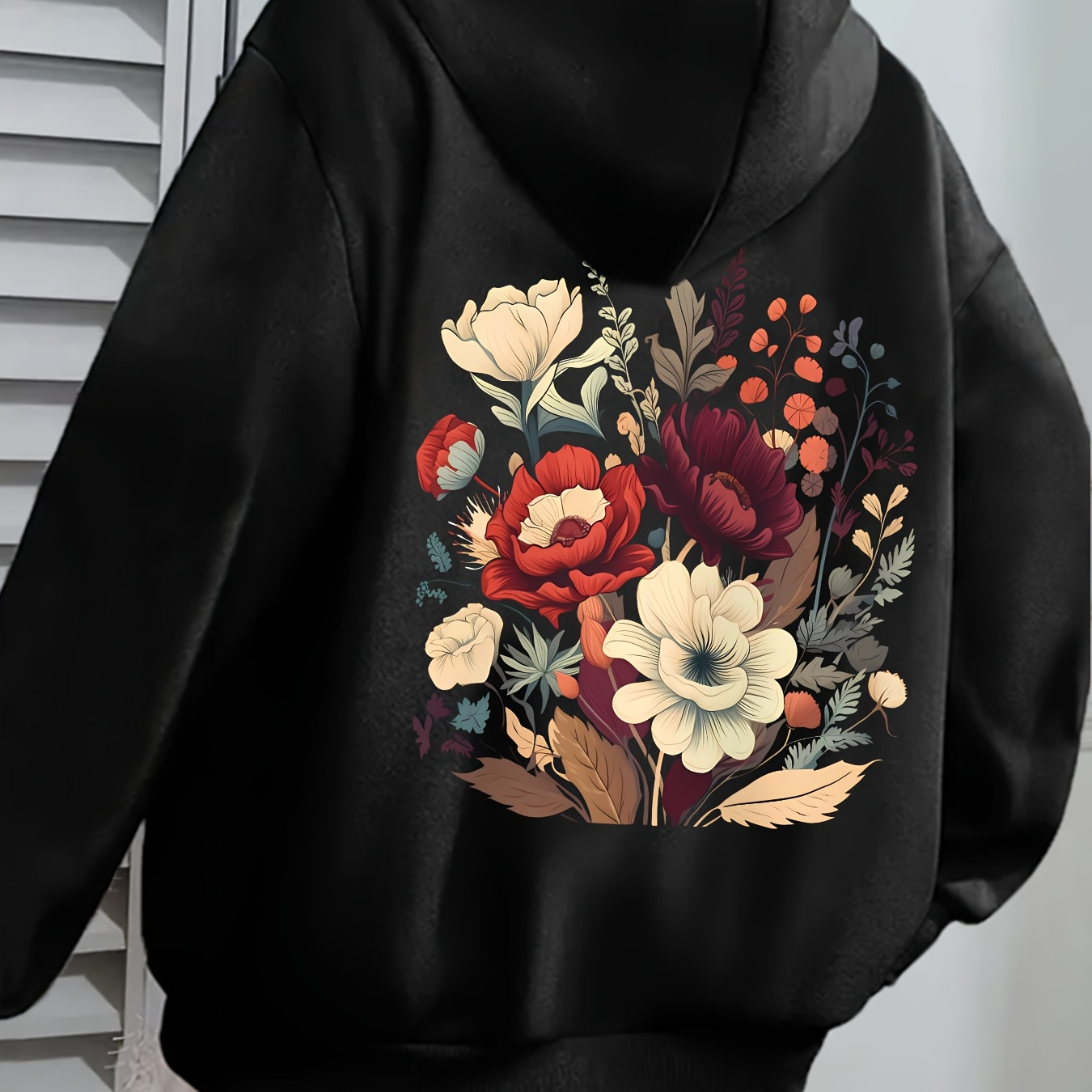 

Fashionable Women's Hoodie With Creative Floral Prints, Stylish Hooded Sweatshirt, Women's Clothing.