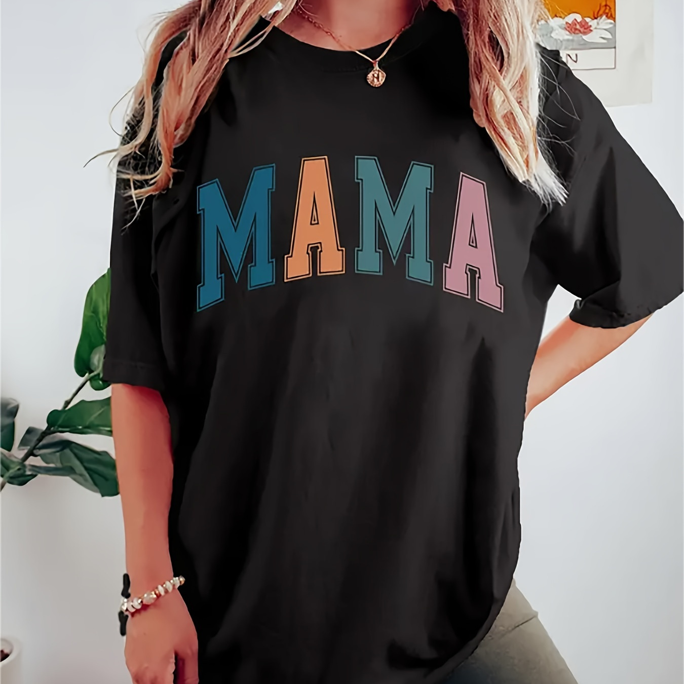 

T-shirt décontracté à col rond pour femme avec de lettre "MAMA", haut en polyester à manches courtes pour toutes les , % polyester, poids de tissu 180 g/m²