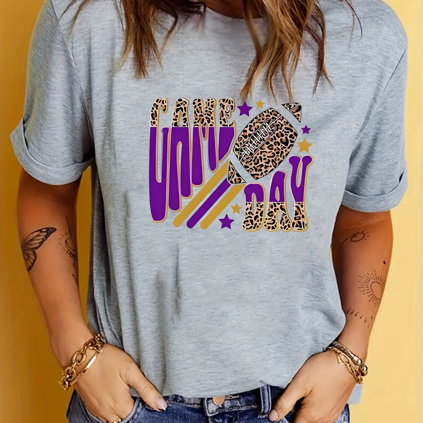 

Football Game Day Print T-shirt, Casual Short Sleeve Crew Neck Top For Spring & Summer, Women's Clothing