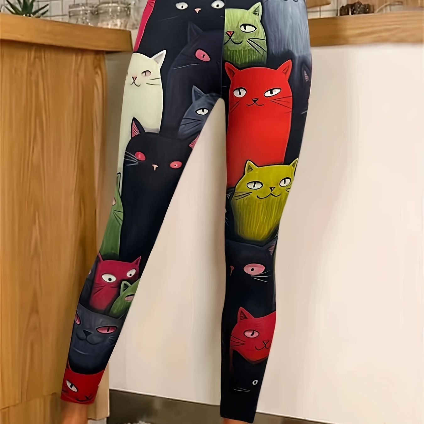 

Cat Print Skinny Leggings, Casual High Waist Stretchy Leggings, Women's Clothing