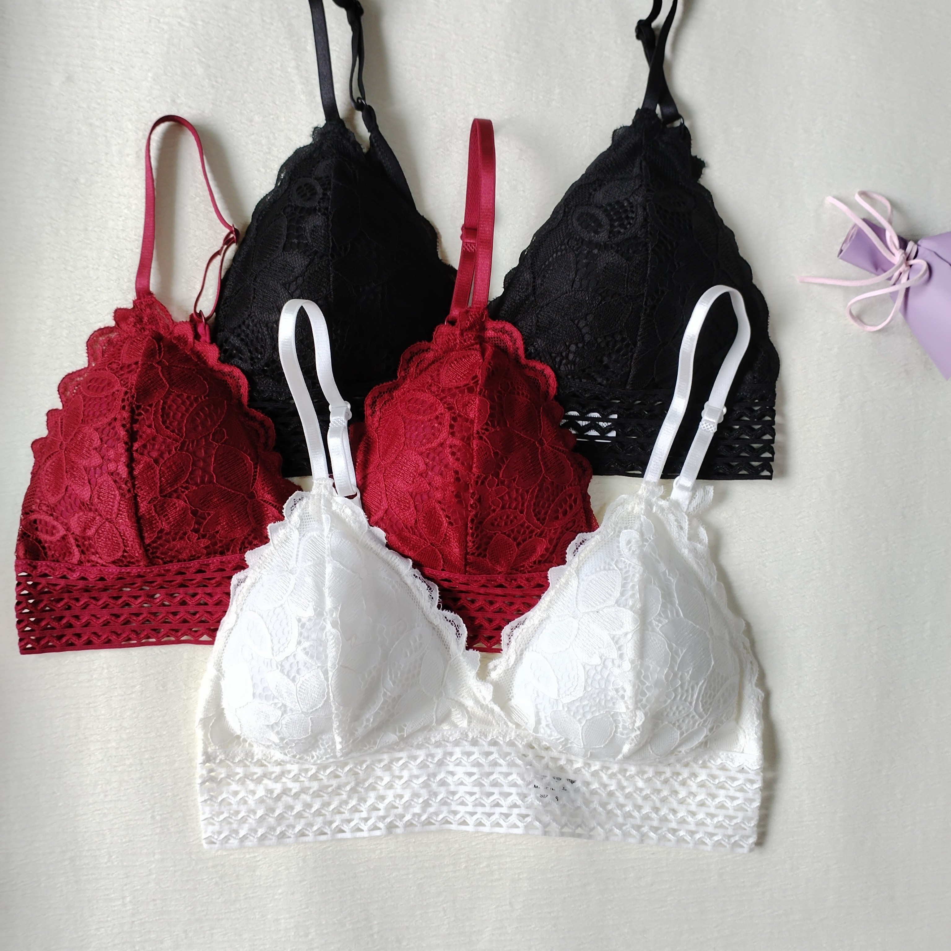 

Valentine's Day 3pcs Lace Wireless Bras, Comfy & Breathable Everyday Intimates Bra, Women's Lingerie & Underwear