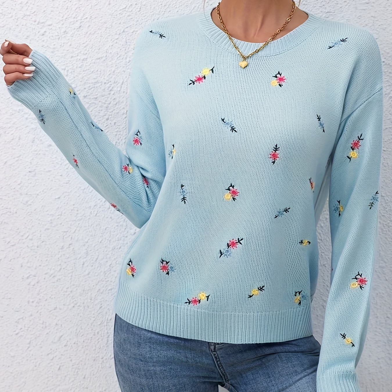 

Clear Casual Knitted Turtleneck Sweater, Round Neck Sweater, Flower Embroidery, Loose Long Sleeve, Women's Clothing