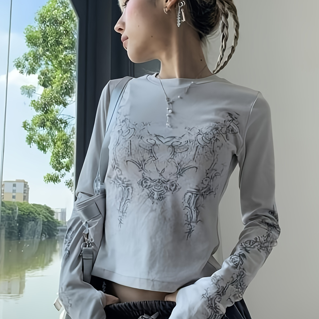 

Wings Print Crew Neck T-shirt, Y2k Long Sleeve T-shirt For Spring & Fall, Women's Clothing