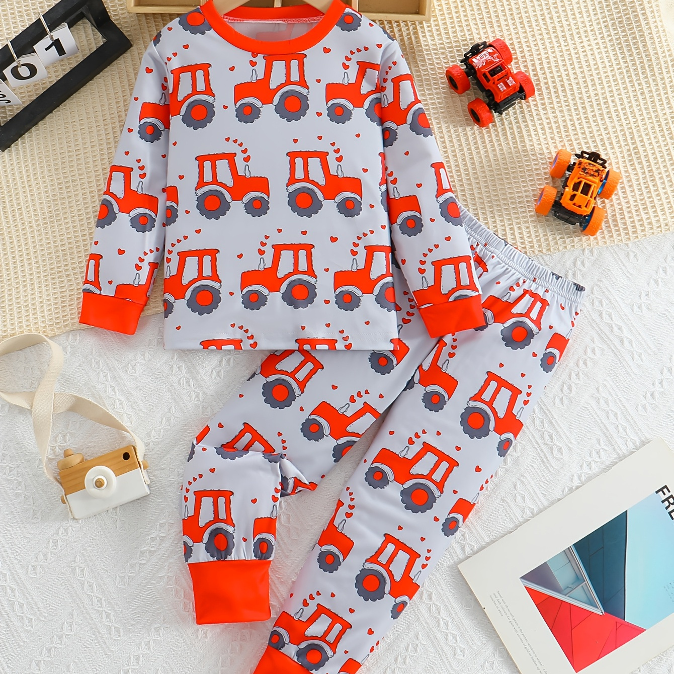 

1set Boys' Print Pajama Set, Long Sleeve And Pants, Flame Retardant Fabric, Crew Neck, , Knit Polyester With Slight Stretch, Regular Fit For Spring/fall