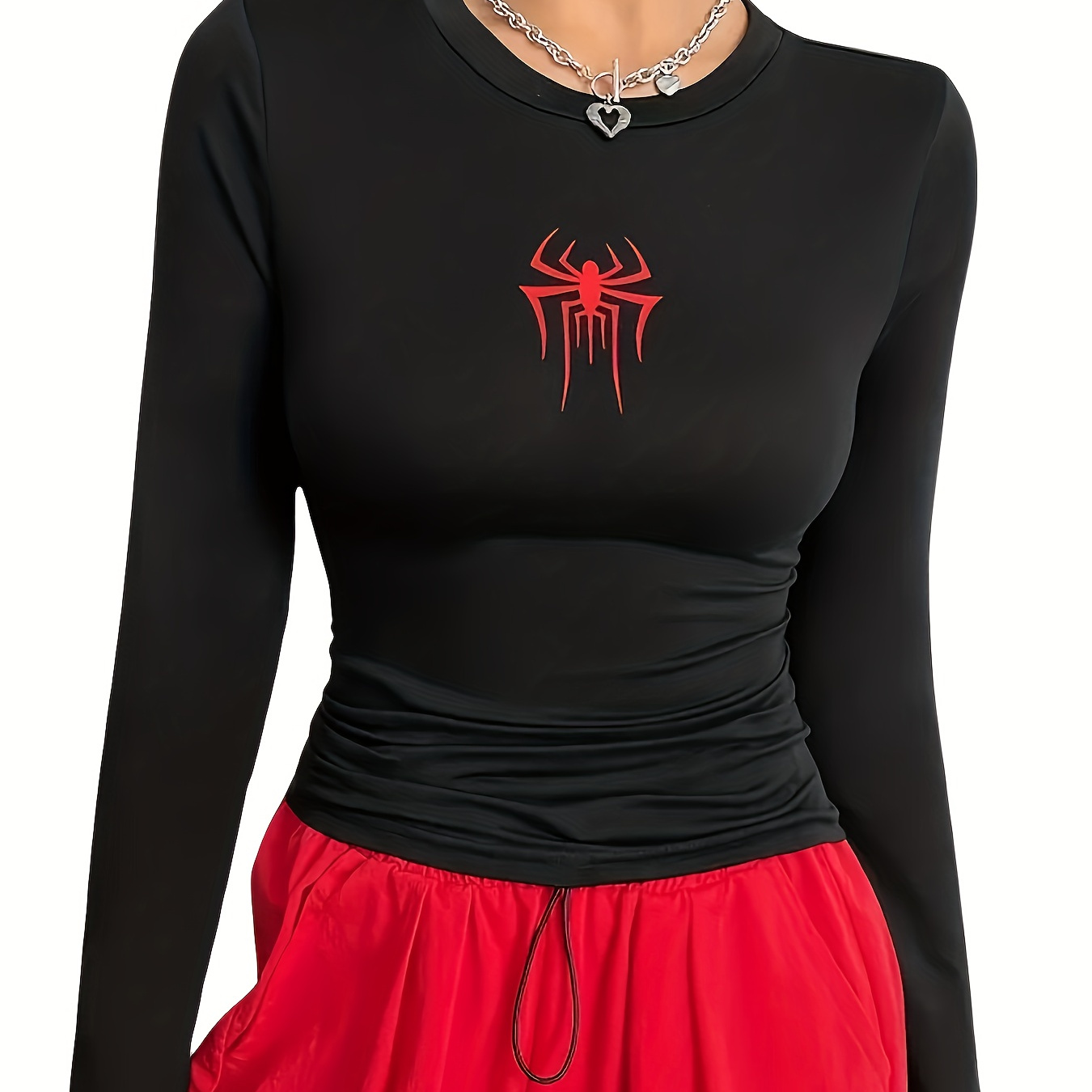 

Spider Print Crew Neck T-shirt, Casual Long Sleeve Slim Top For Spring & Fall, Women's Clothing