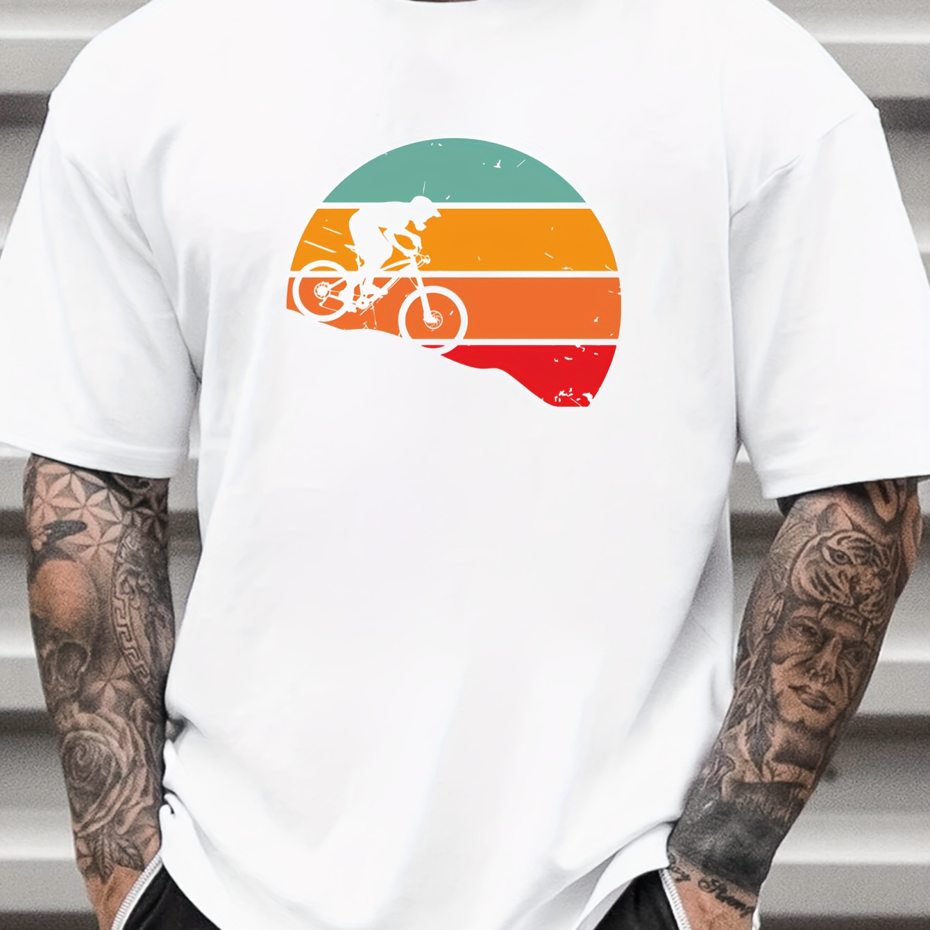 

Bike Creative Print Summer Casual Cotton T-shirt Short Sleeve For Men, Sporty Leisure Style, Fashion Crew Neck Top For Daily Wear
