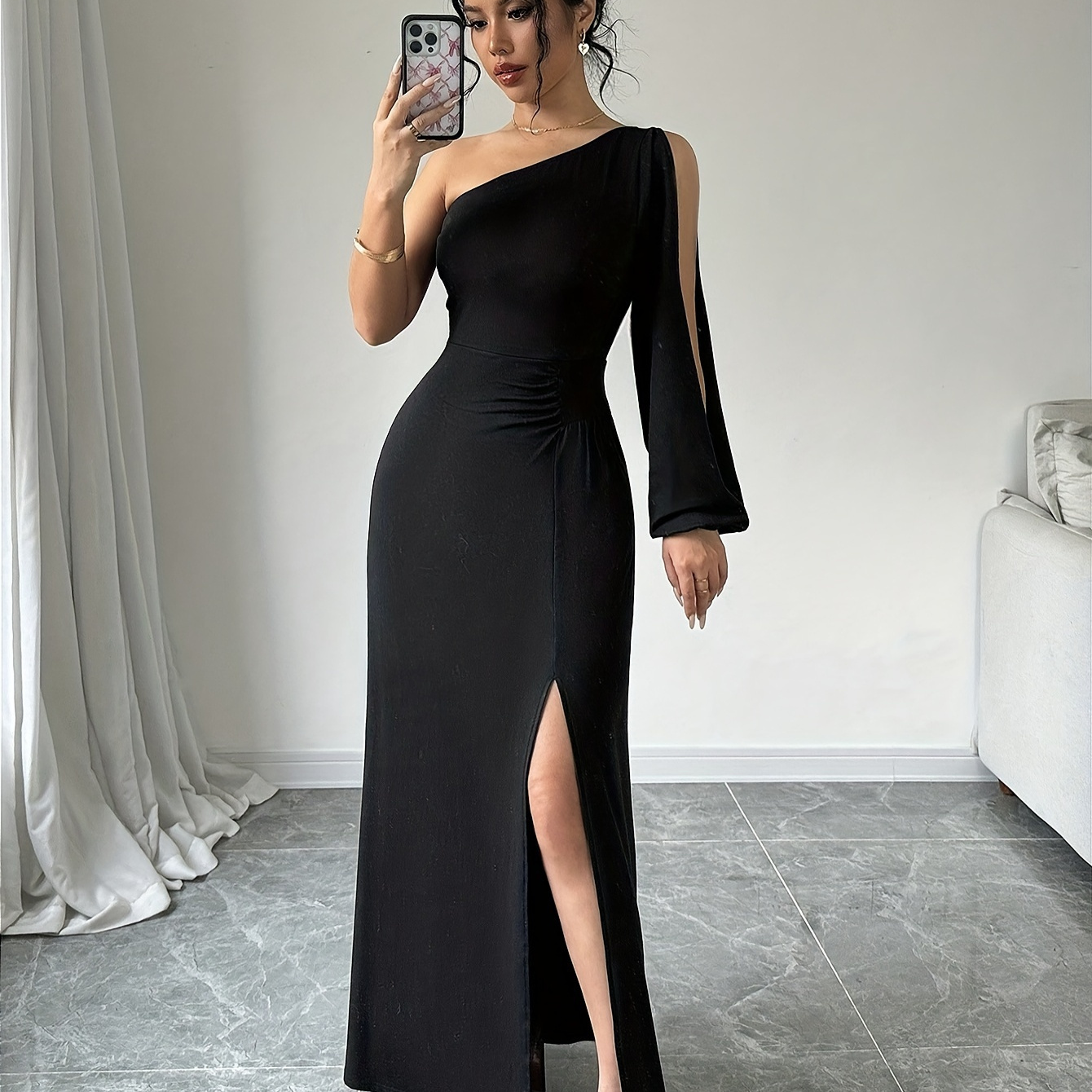 

Elegant -shoulder Dress With Hollow Detail, Long Sleeve, Solid Color, Knit Fabric, Spandex , Flattering Fit For Adults - All
