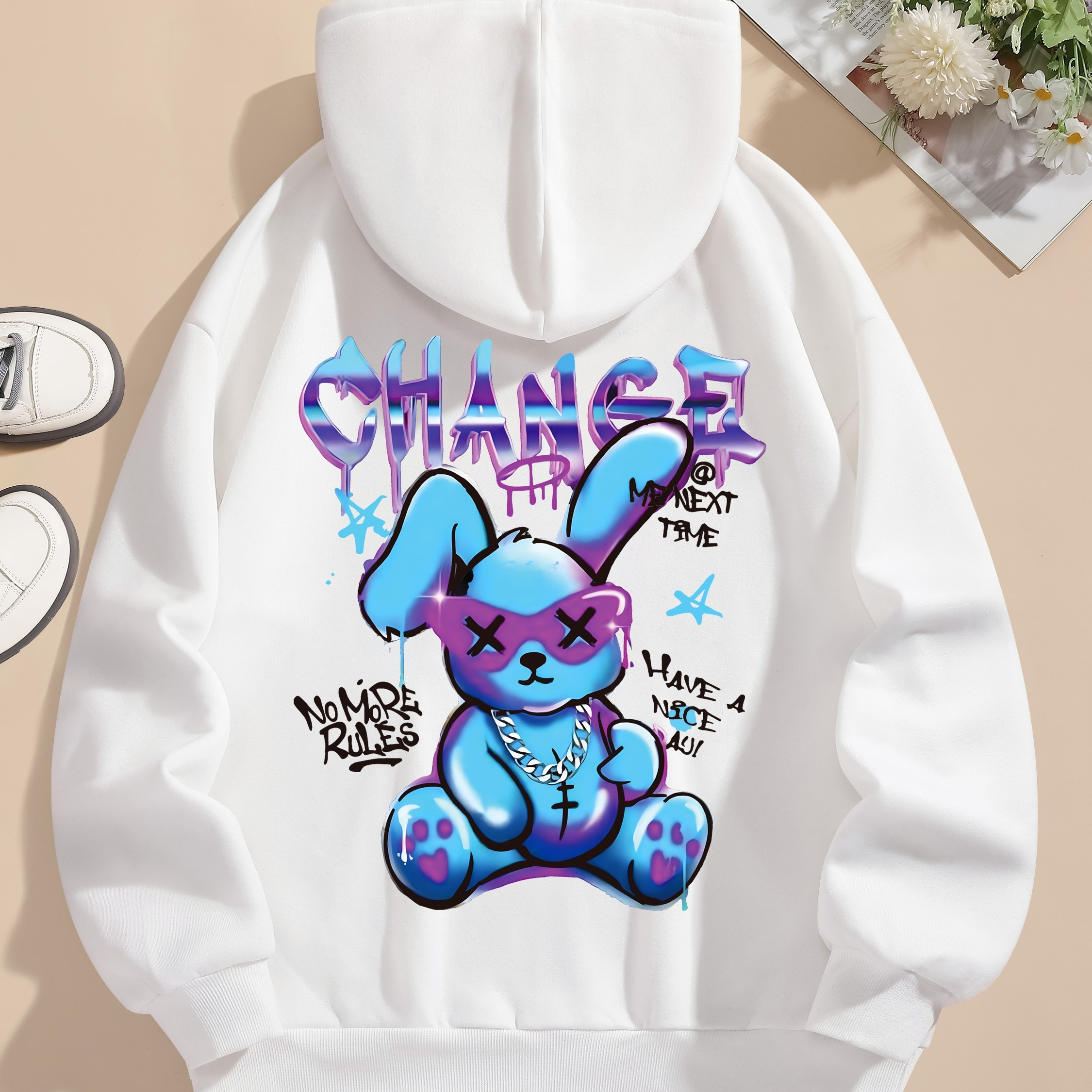 

Letter & Rabbit Print Hoodie, Drawstring Casual Hooded Sweatshirt For Winter & Fall, Women's Clothing