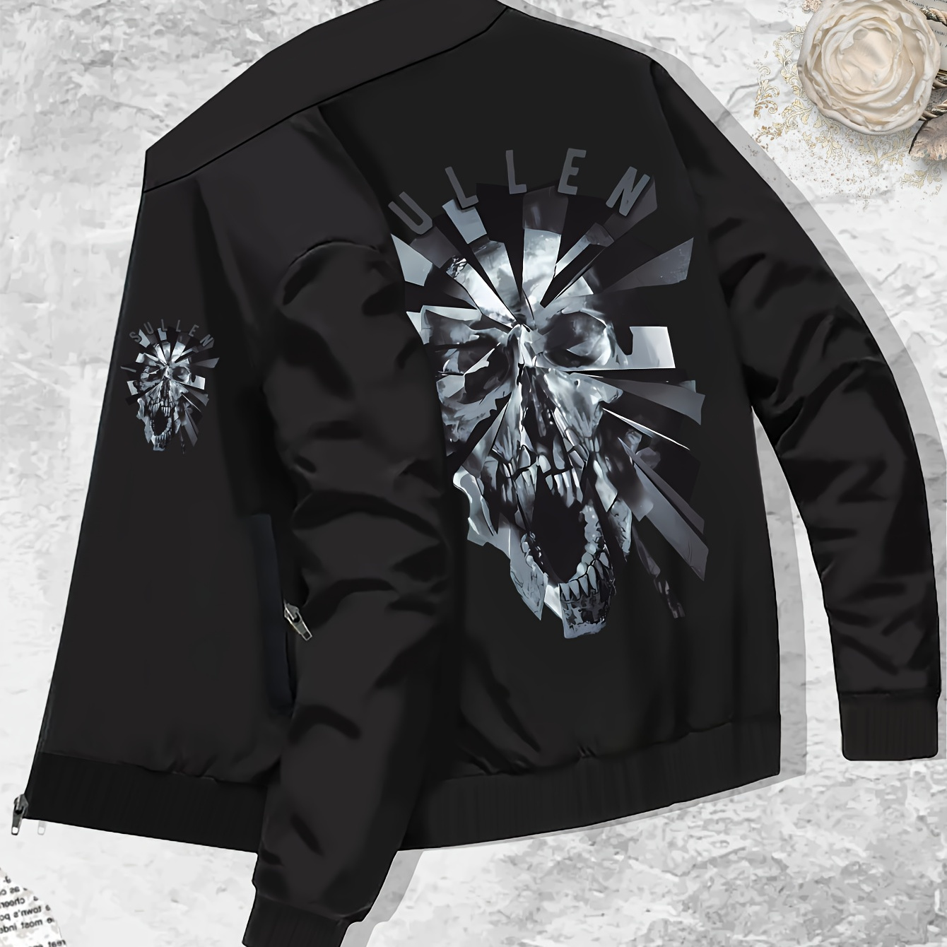 

Plus Size Broken Skull Print Men's Zip Up Hooded Jacket With Side Pockets, Comfy Casual Slightly Stretch Tops, Men's Clothings