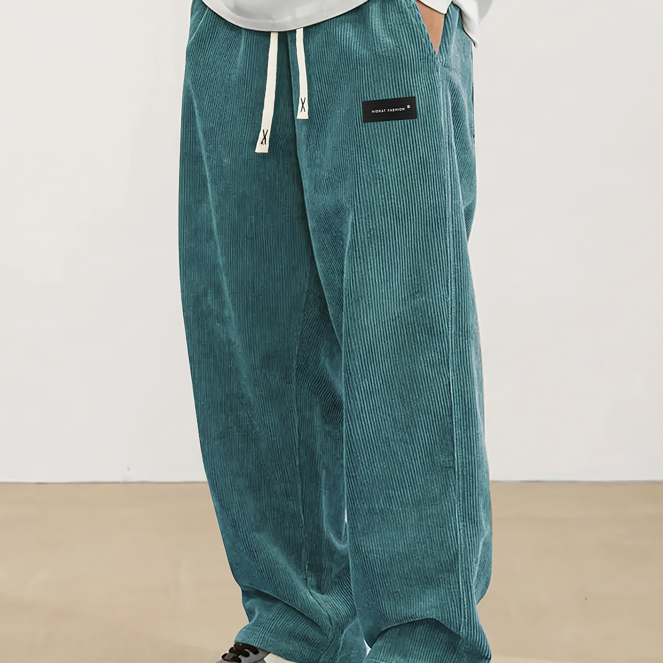 TEMU Men's Textured Corduroy Straight-leg Trousers For Spring And Autumn, Featuring A Drawstring Elastic Waistband, Suitable For Casual, Sports, And Hiking Activities