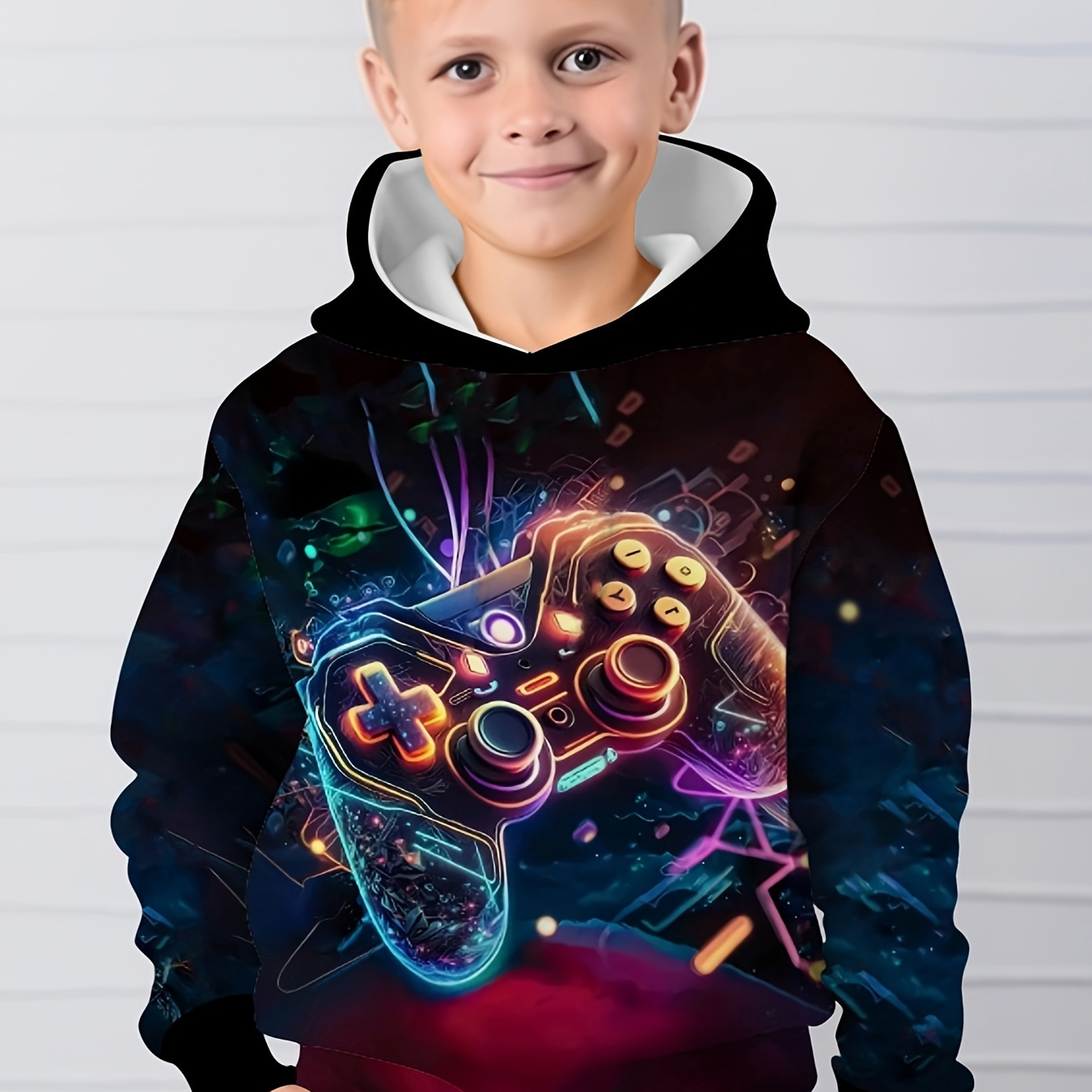 

Boys Game Console 3d Print Long Sleeve Hoodie, Stretch Fabric, Machine Washable, Pocket, Comfy Versatile Pullover Top, Perfect For Daily Casual Wear In Autumn And Winter