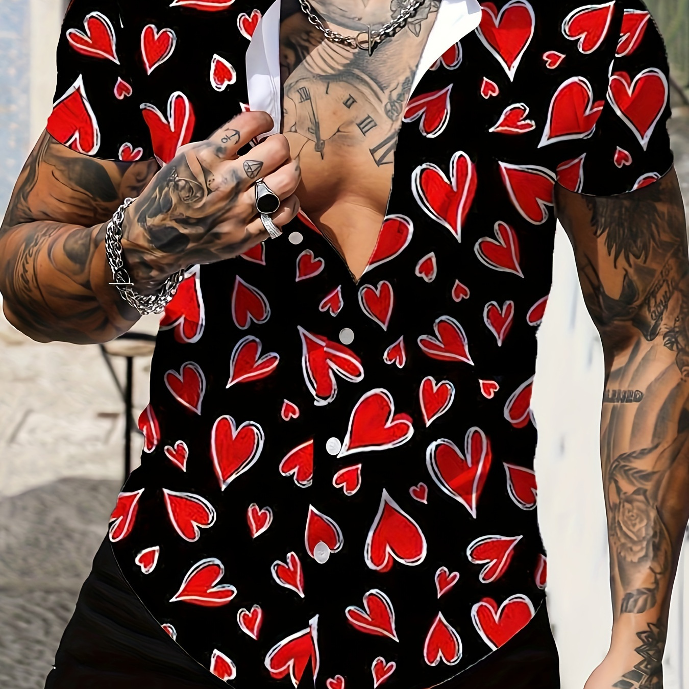 

Heart Full Print Men's Fashion Short Sleeve Lapel Shirt, Summer Streetwear For Men, Valentine's Day Gift