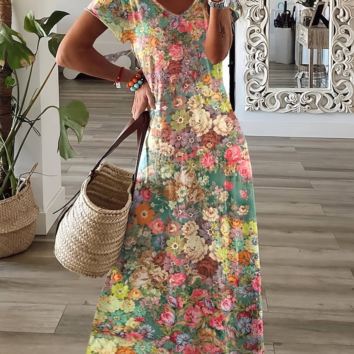 

Summer Floral Print V-neck Maxi Dress For Women, Polyester Knit Fabric With Elastane, Casual Peplum Long Dress