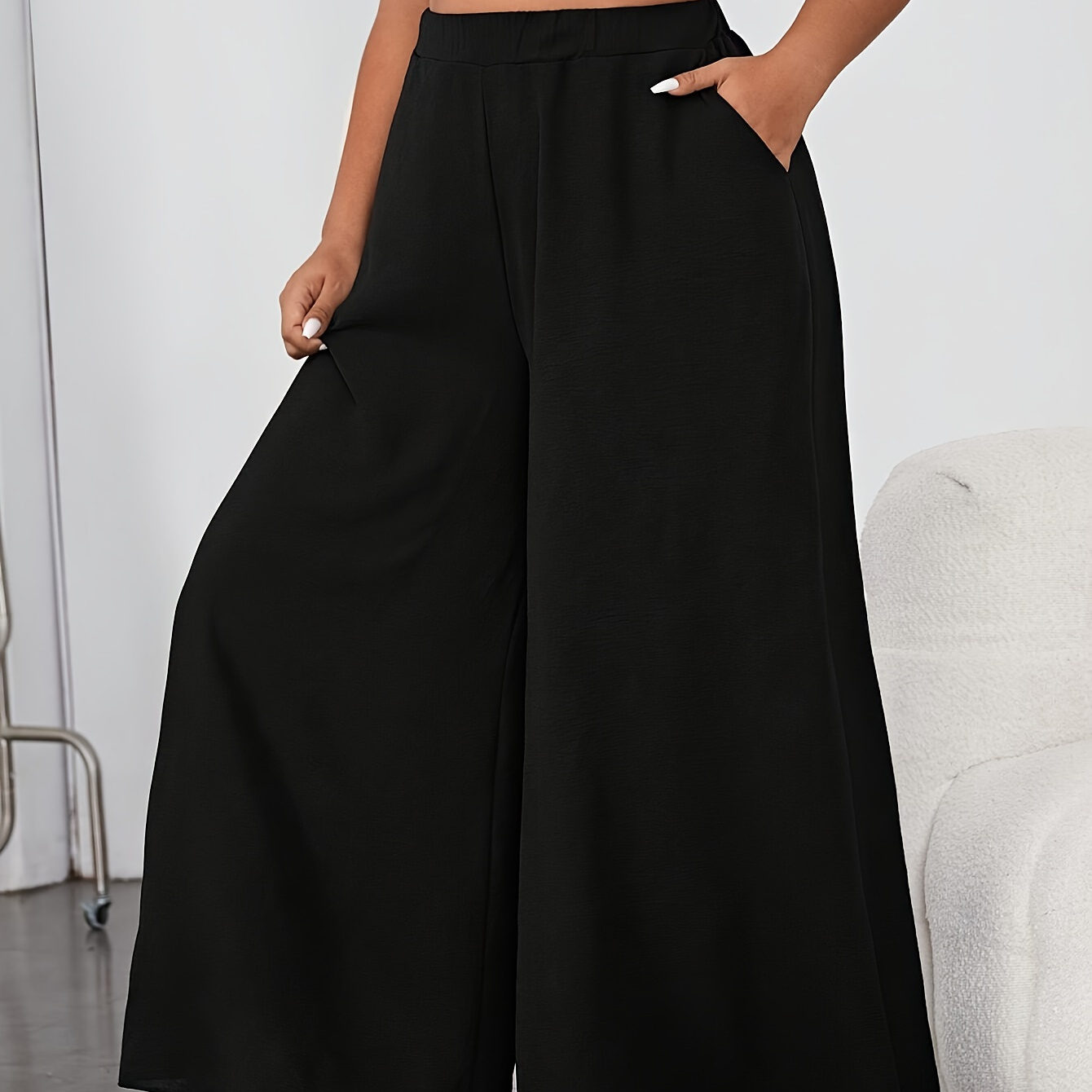 

Pantalon large uni grande taille, élégant avec poches pour le printemps et l'été, vêtements grande taille pour femmes