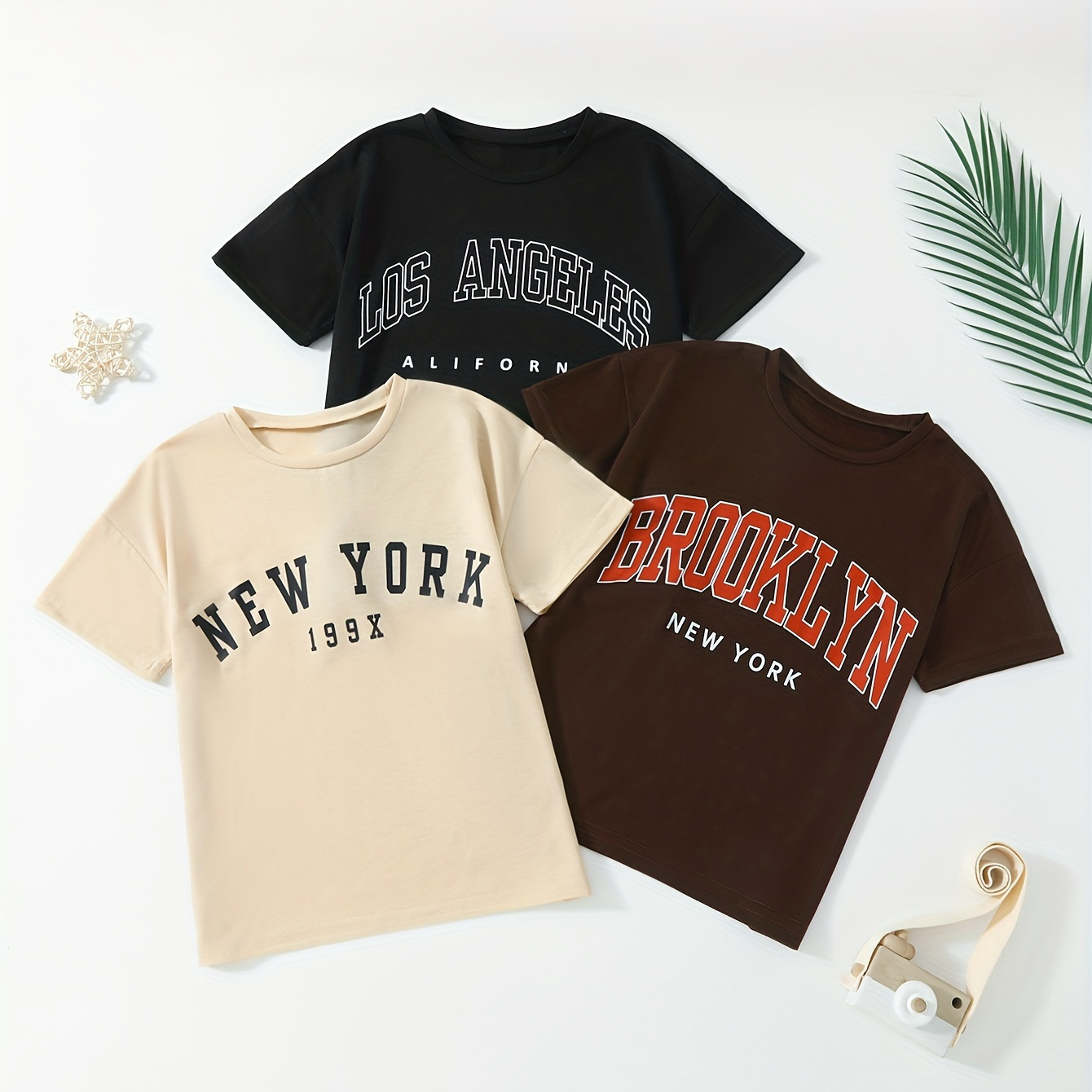 

3pcs Girls City Name Print Short Sleeve T-shirt Set Comfy Casual Tees For Summer Gift