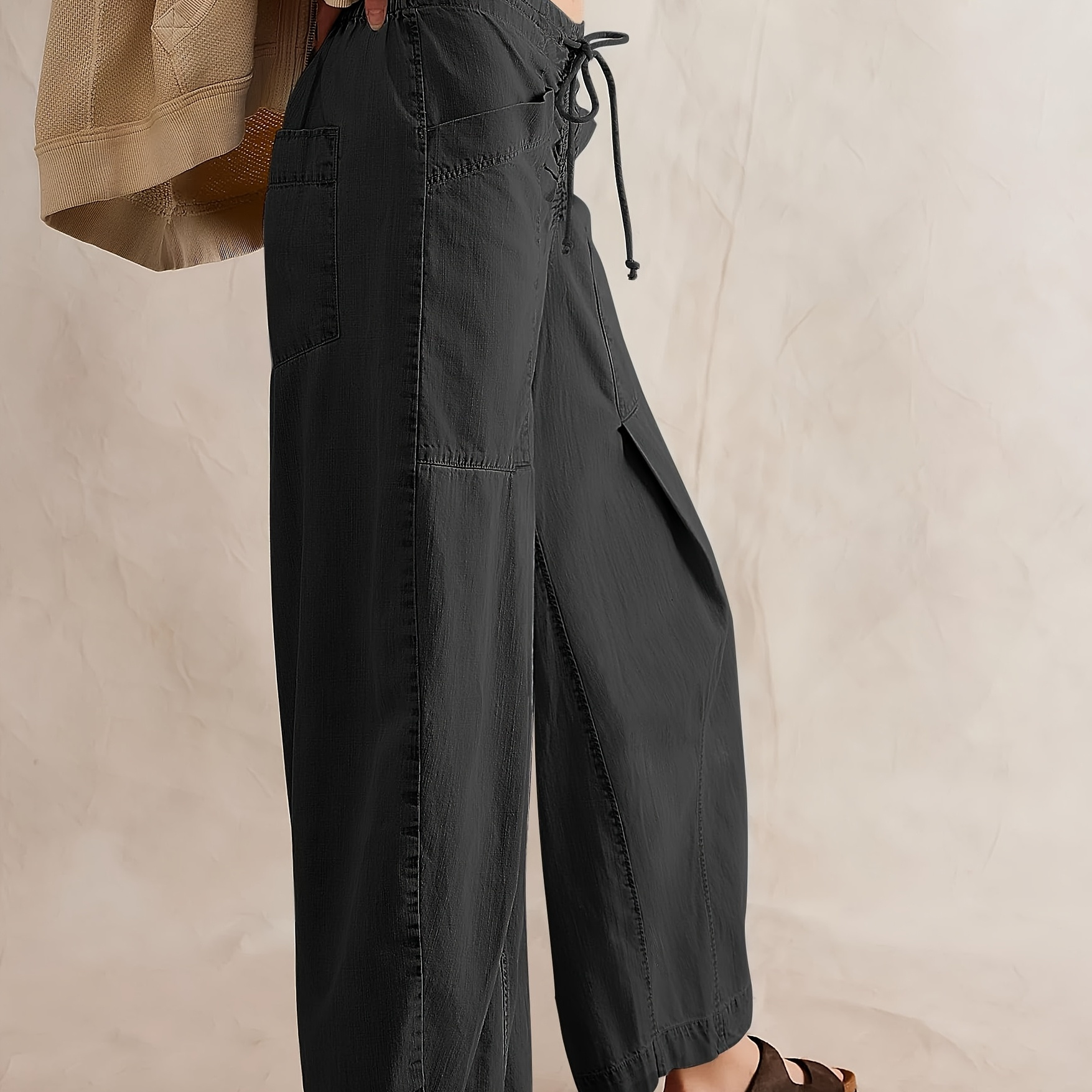 

Women's Casual Wide Leg Jeans - Loose Fit, Drawstring Waist With Pockets, , Machine Washable