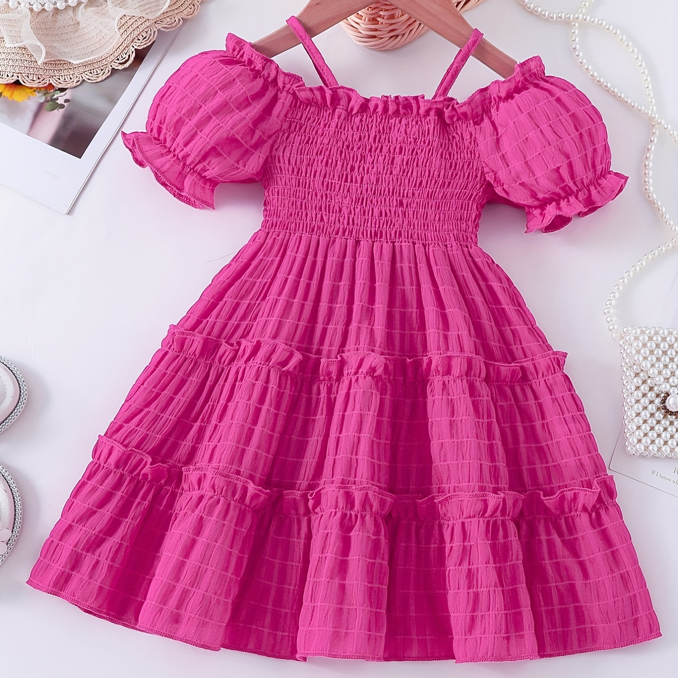 

Toddler Girls Puff Sleeve Frill Trim Shirred Cold Shoulder Princess Dress For Party Beach Vacation Kids Summer Clothes