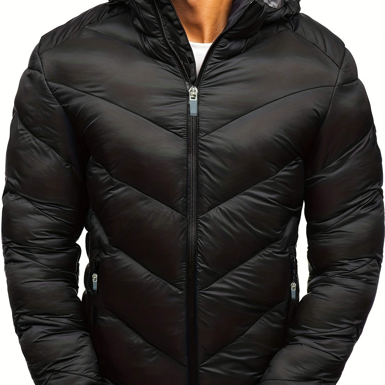 Men's Trendy Solid Puffer Coat With Detachable Hat, Casual Warm Zip Up Jacket For Outdoor, Men's Clothing