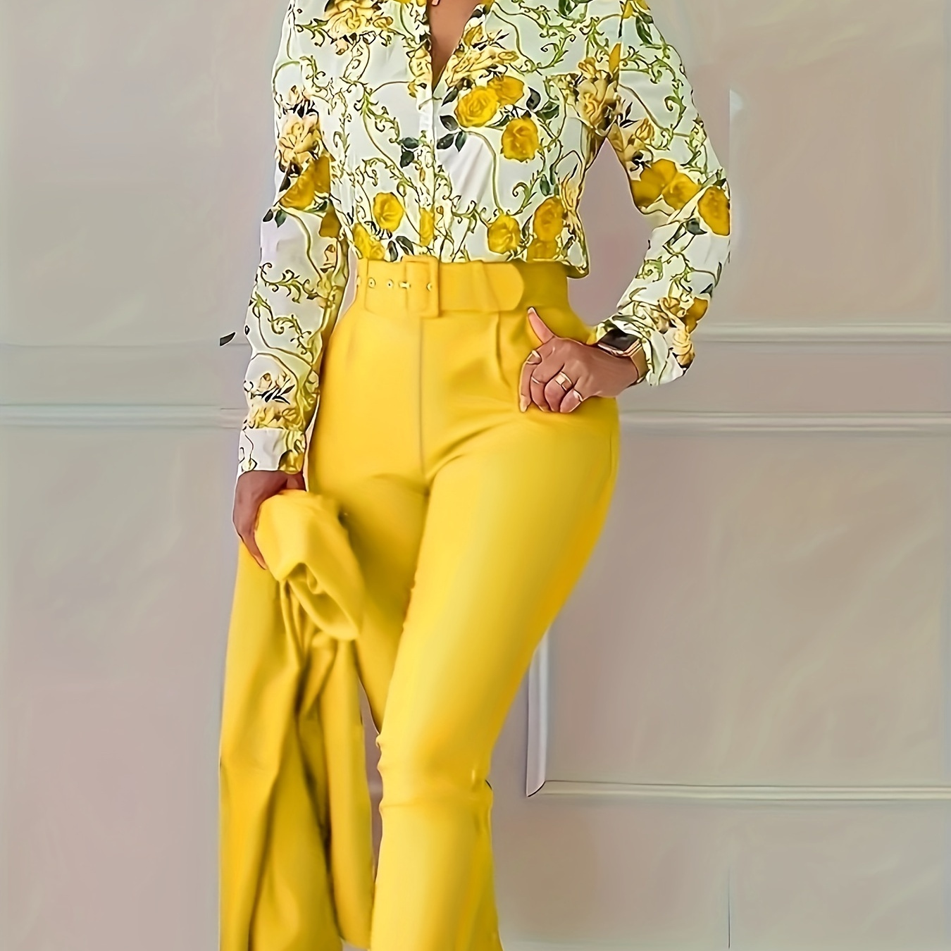 

Elegant Two-piece Set, Floral Print V Neck Long Sleeve Blouse & Solid Belted Tapered Pants Outfits, Women's Clothing