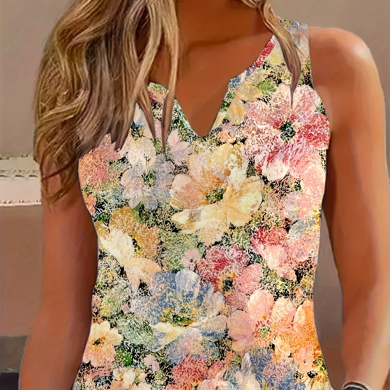 

Floral Print Notched Neck Tank Top, Vacation Sleeveless Top For Spring & Summer, Women's Clothing