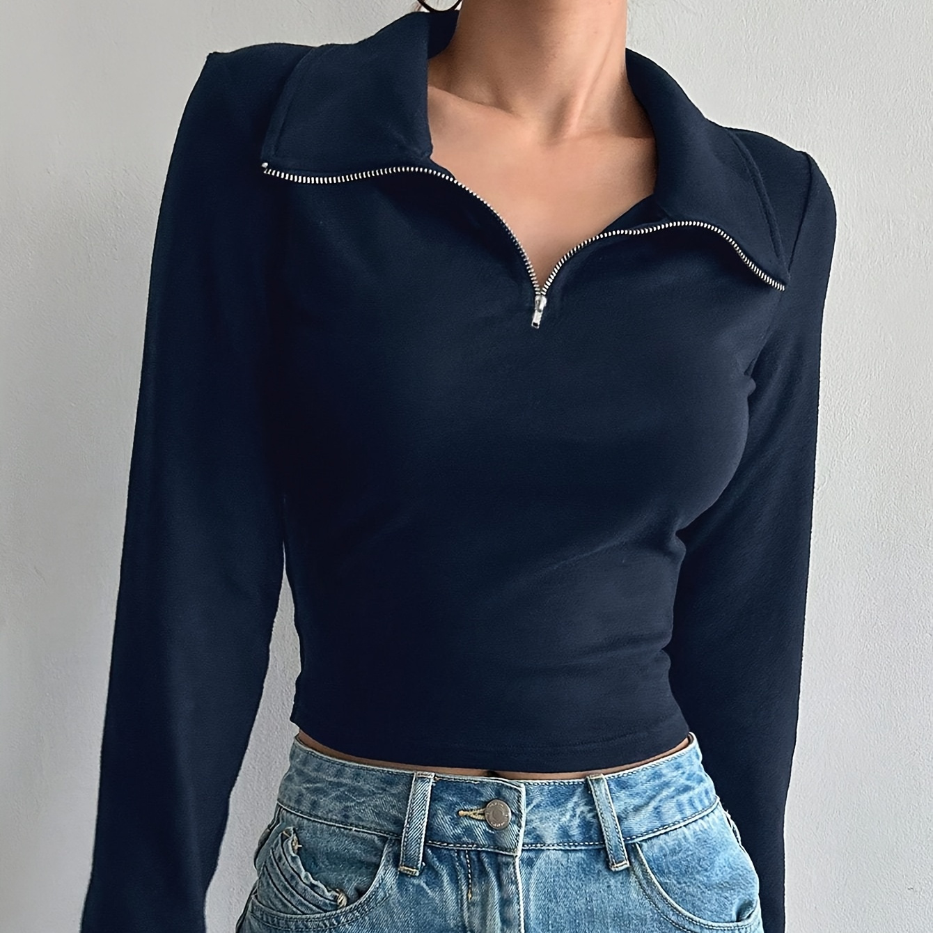 新品◯NEAU◯volume sleeve blouse (dark navy) Long Sleeve Open Neck Work Shirt | Waitstuff Uniforms