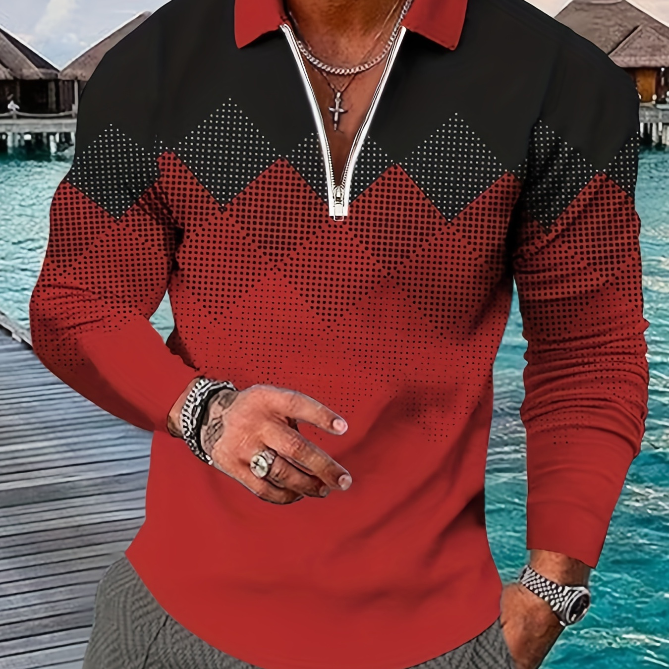 Men's Trendy Shirt, Casual Lapel Geometric Print Long Sleeve Tops