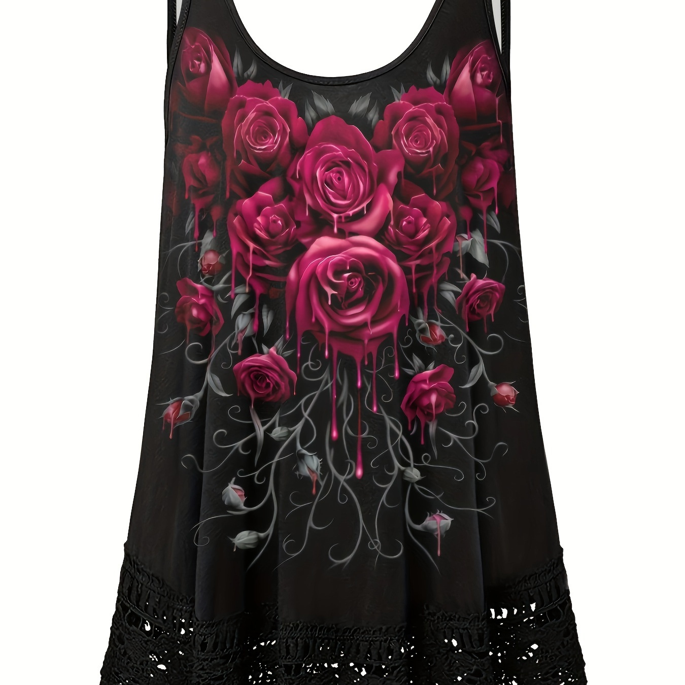 Plus Size Rose Print Contrast Lace Tank Tops, Women's Plus Slight Stretch Casual Tank Tops