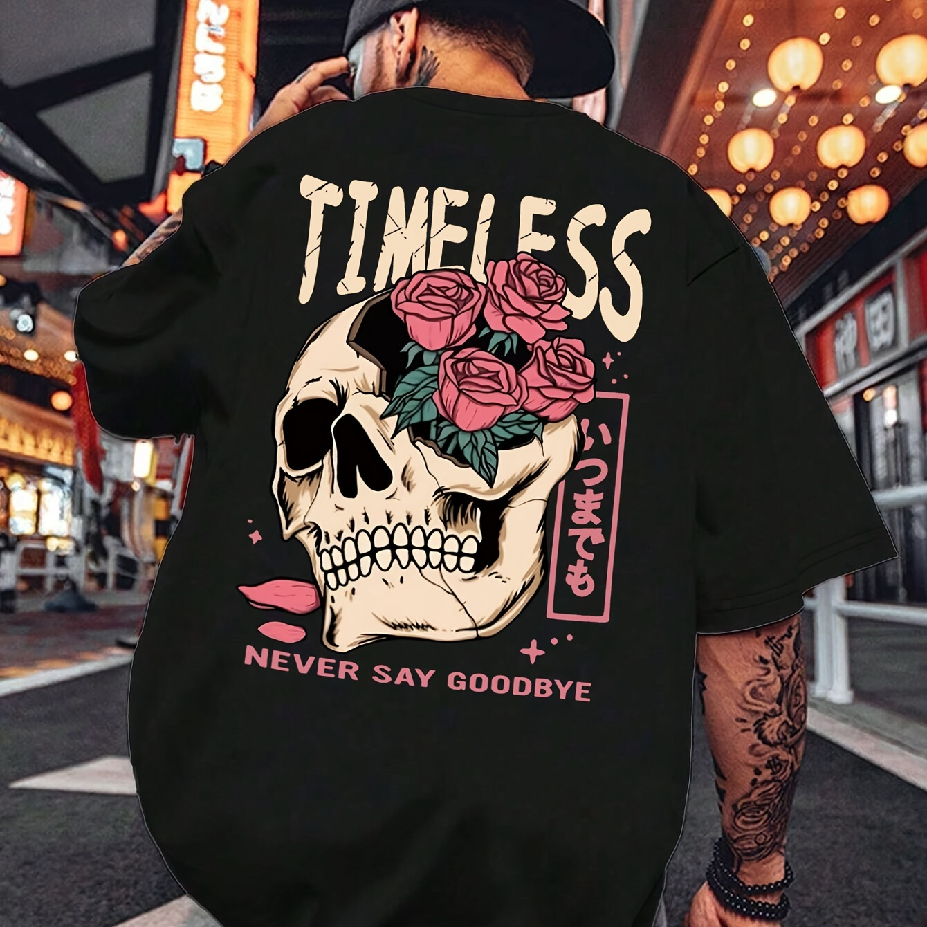 

Men's Casual Crew Neck T-shirt, 100% Polyester Knit Fabric, Loose Fit Short Sleeve With Raglan Sleeves, Casual Tee With Skull And Roses Print