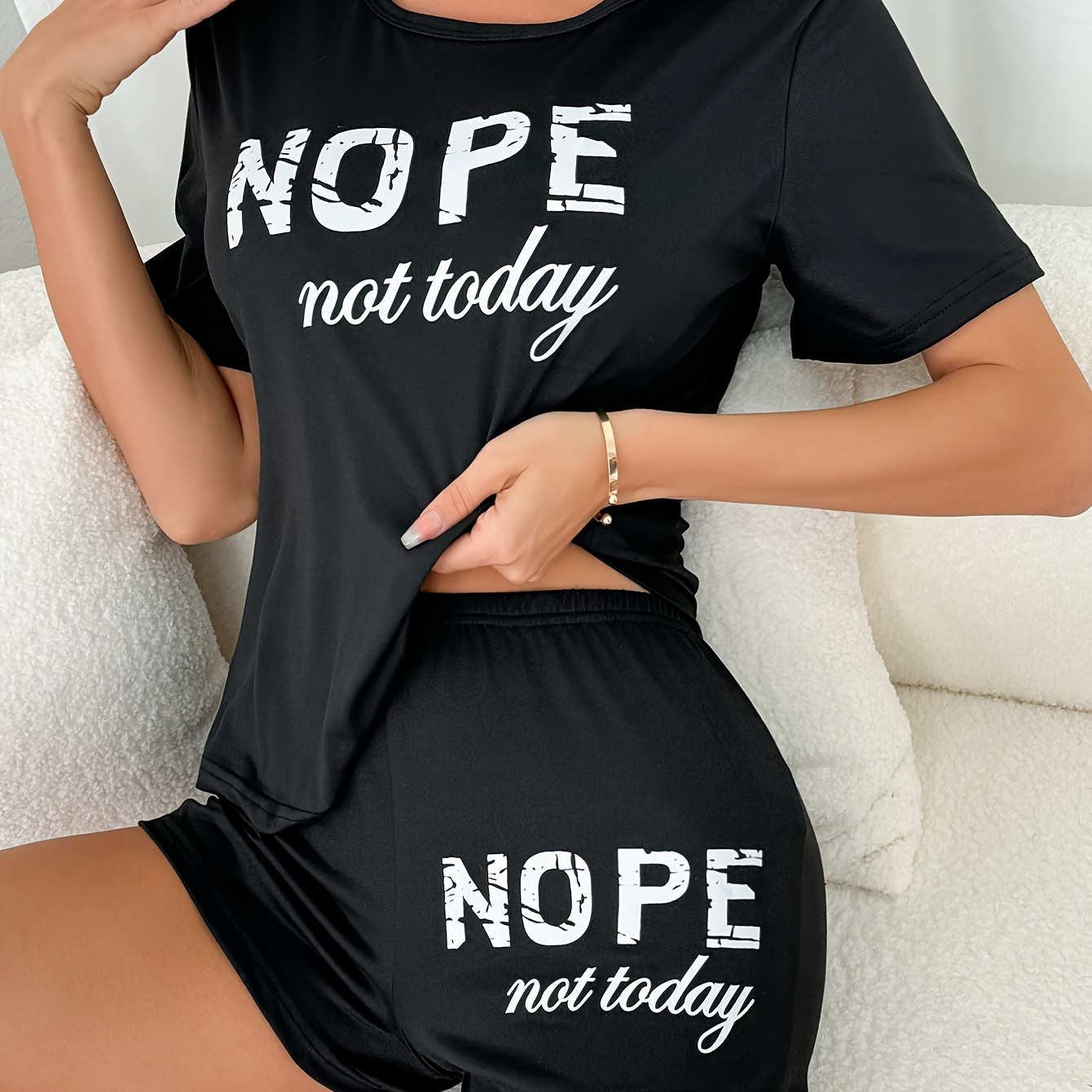 

Women's Casual "nope Not Today" Print Short Sleeve T-shirt And Shorts Pajama Set, Comfortable Loungewear, Sleepwear Outfit