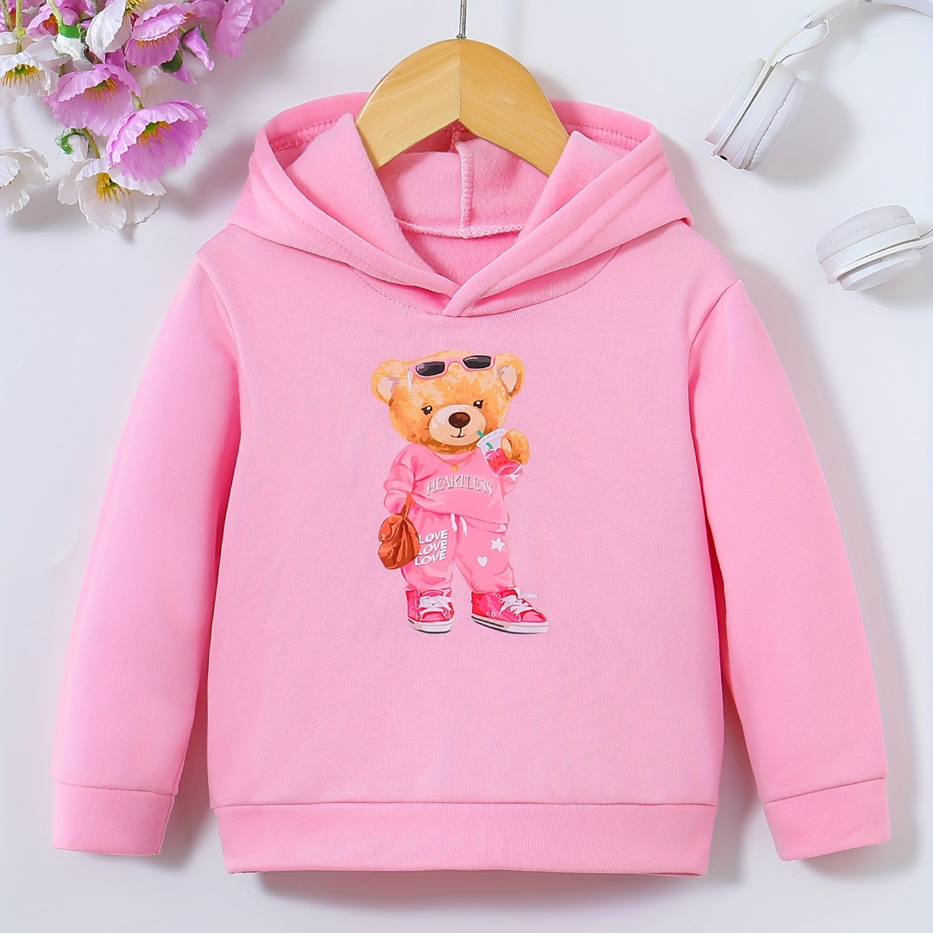 

Girls' Casual Pink Hooded Sweatshirt With Long Sleeves, Polyester 100% Slight Stretch Fabric, Bear Print Design, Kids' Fashion Pullover For Spring/fall - Sizes For Age 12 And Under