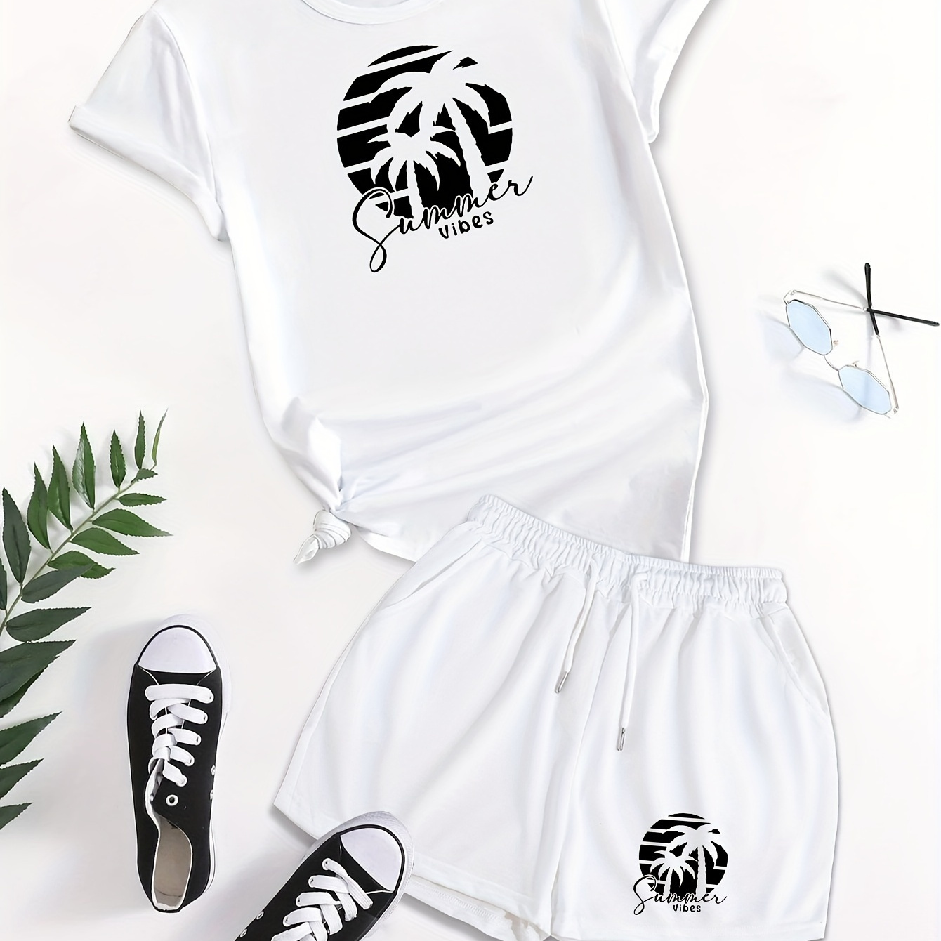 

Coconut Tree Print Casual Shorts Set, Crew Neck Short Sleeve T-shirt & Elastic Waist Slant Pocket Drawstring Shorts Outfits, Women's Clothing