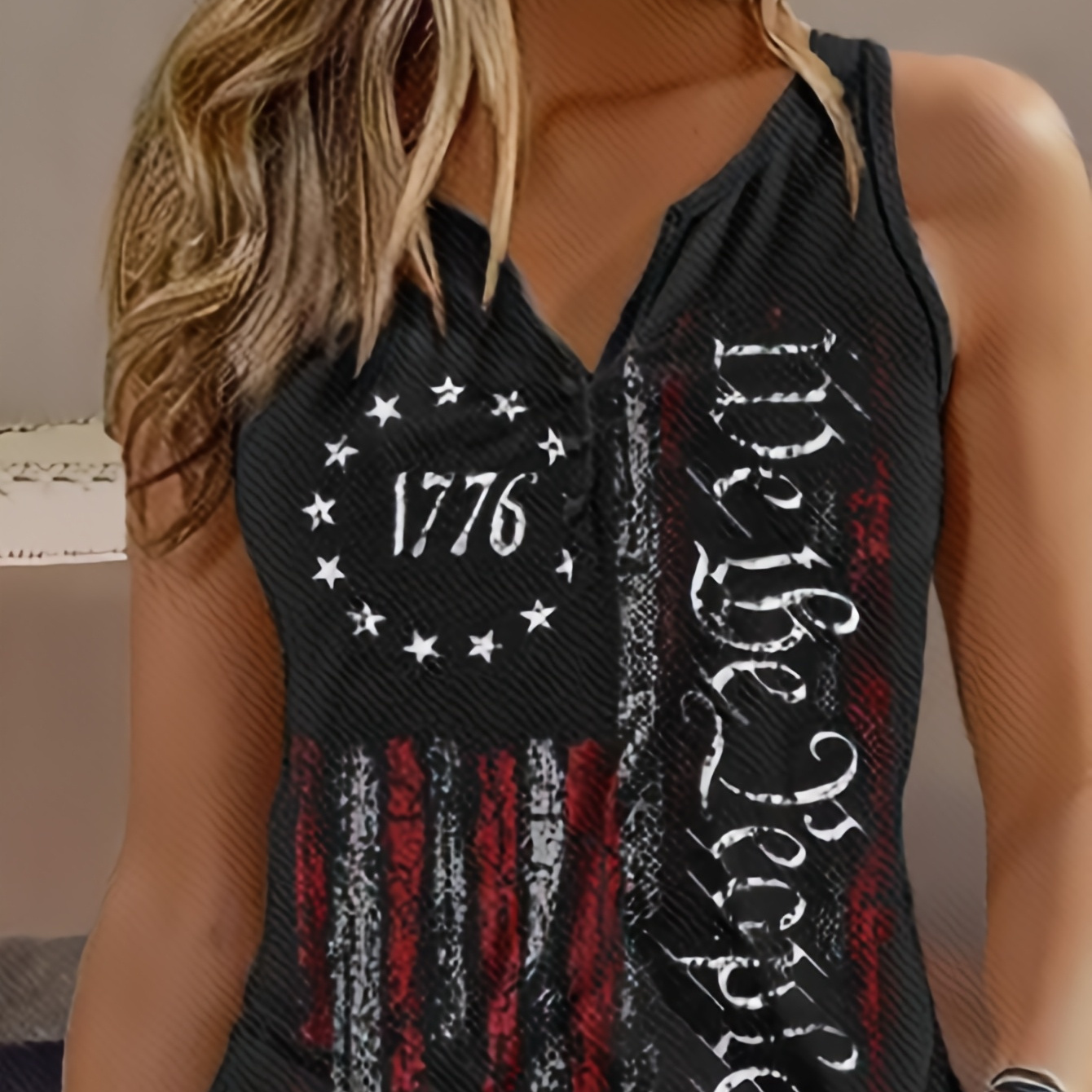 

Women's Plus Size Patriotic Flag Print Top With Decorative Button Detail - Casual V-neck, Stretch Knit Fabric, Machine Washable, Black With Stars & , Patriotic Clothing | | Texture