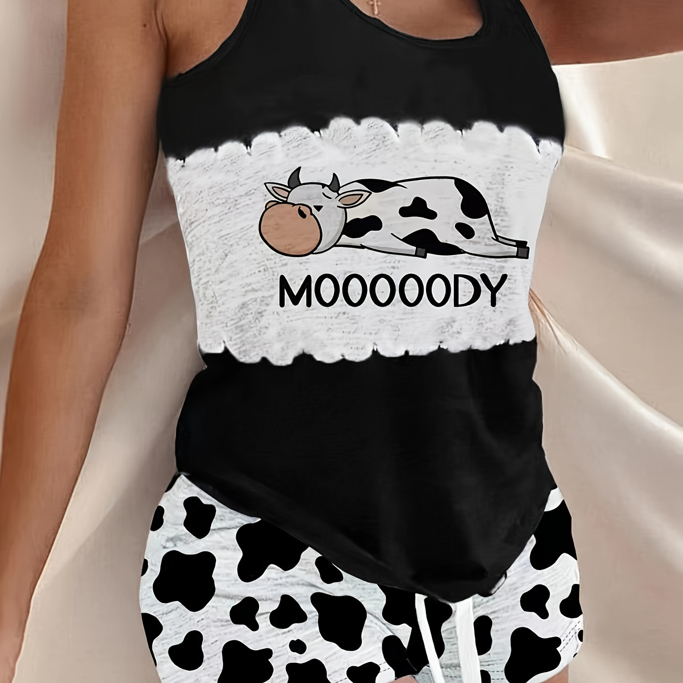 

Cow Print Casual Two-piece Set, Tank Top & Tie Waist Shorts Outfits, Women's Clothing