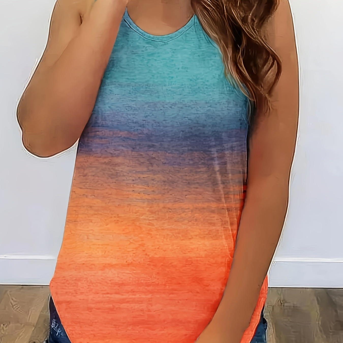 

Plus Size Ombre Print Tank Top, Casual Crew Neck Cross Back Tank Top For Summer, Women's Plus Size clothing