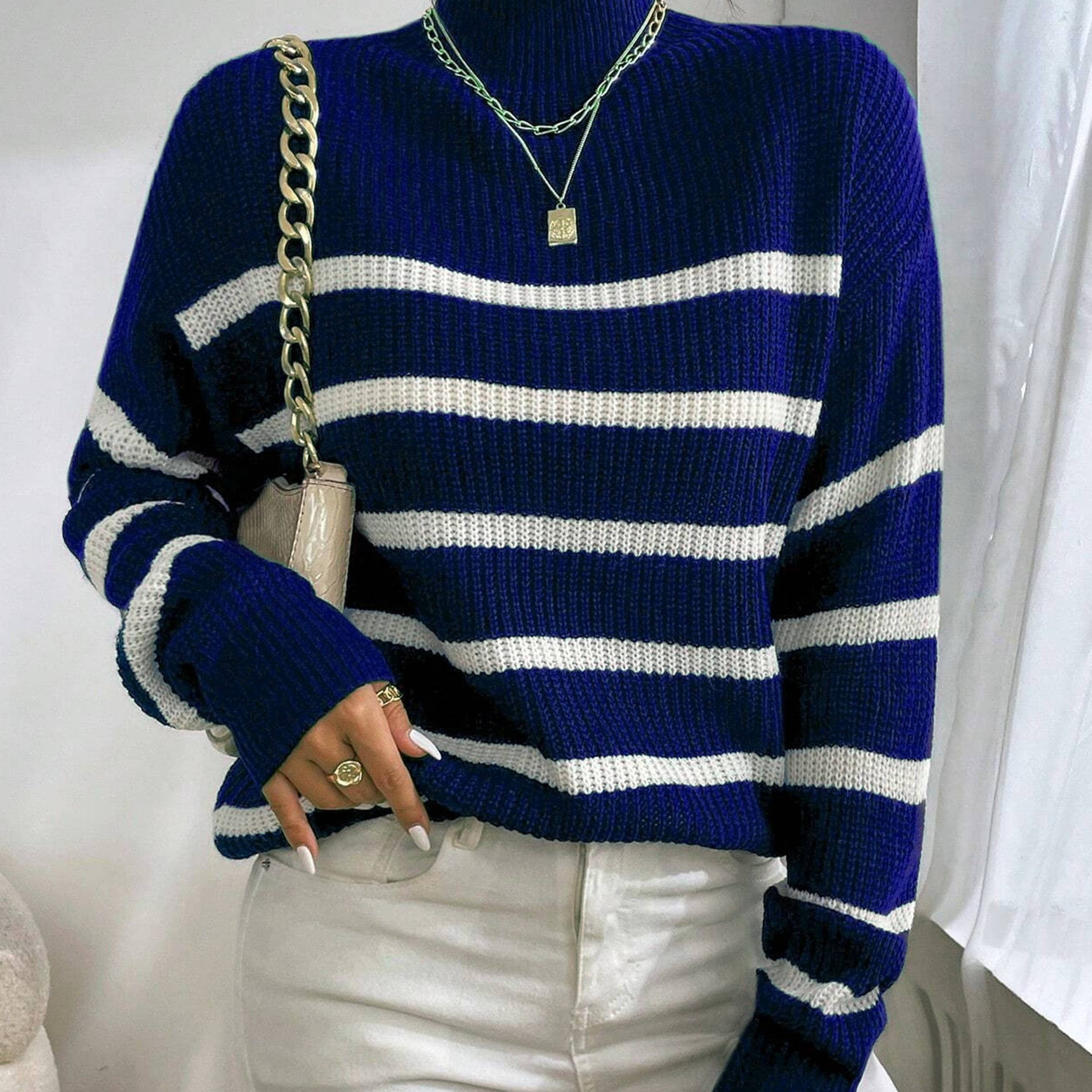 

Elegant Striped Turtleneck Sweater For Women - Cozy Acrylic Knit, Long Sleeve, Stretchy & Soft, Casual Pullover With Mock Neck - Fall & Winter, /m/l