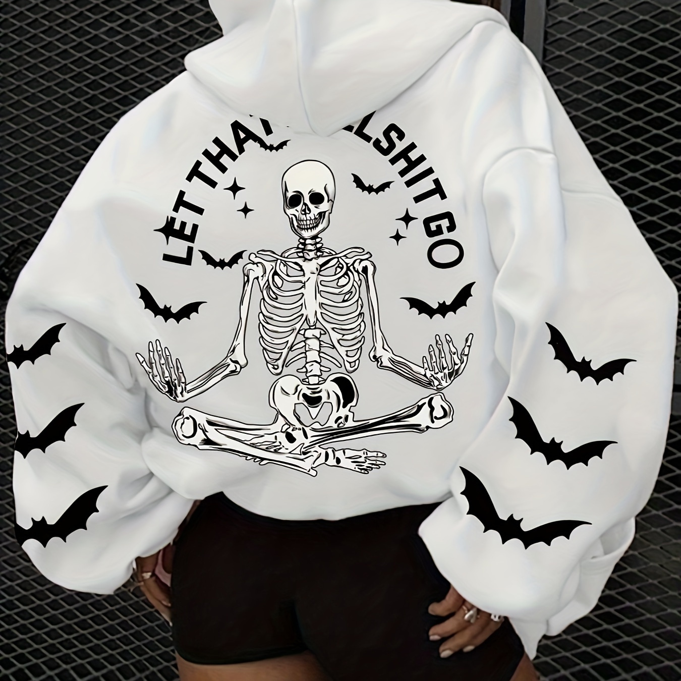 

Casual Polyester Hoodie With Skeleton & Bat Print - 100% Polyester Knitted Fabric, Hooded Pullover With Pocket, Animal & Holiday Patterns For Fall/winter - Unisex Long Sleeve Hooded Sweatshirt