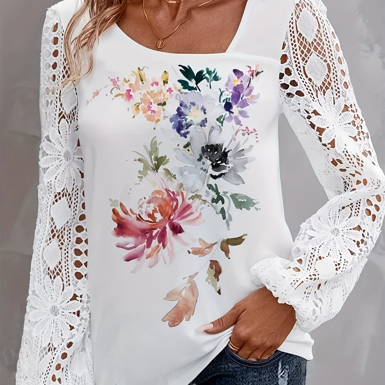 

Plus Size Floral Print Lace Stitching T-shirt, Elegant Long Sleeve Slant Neck Top For Spring & Fall, Women's Plus Size Clothing