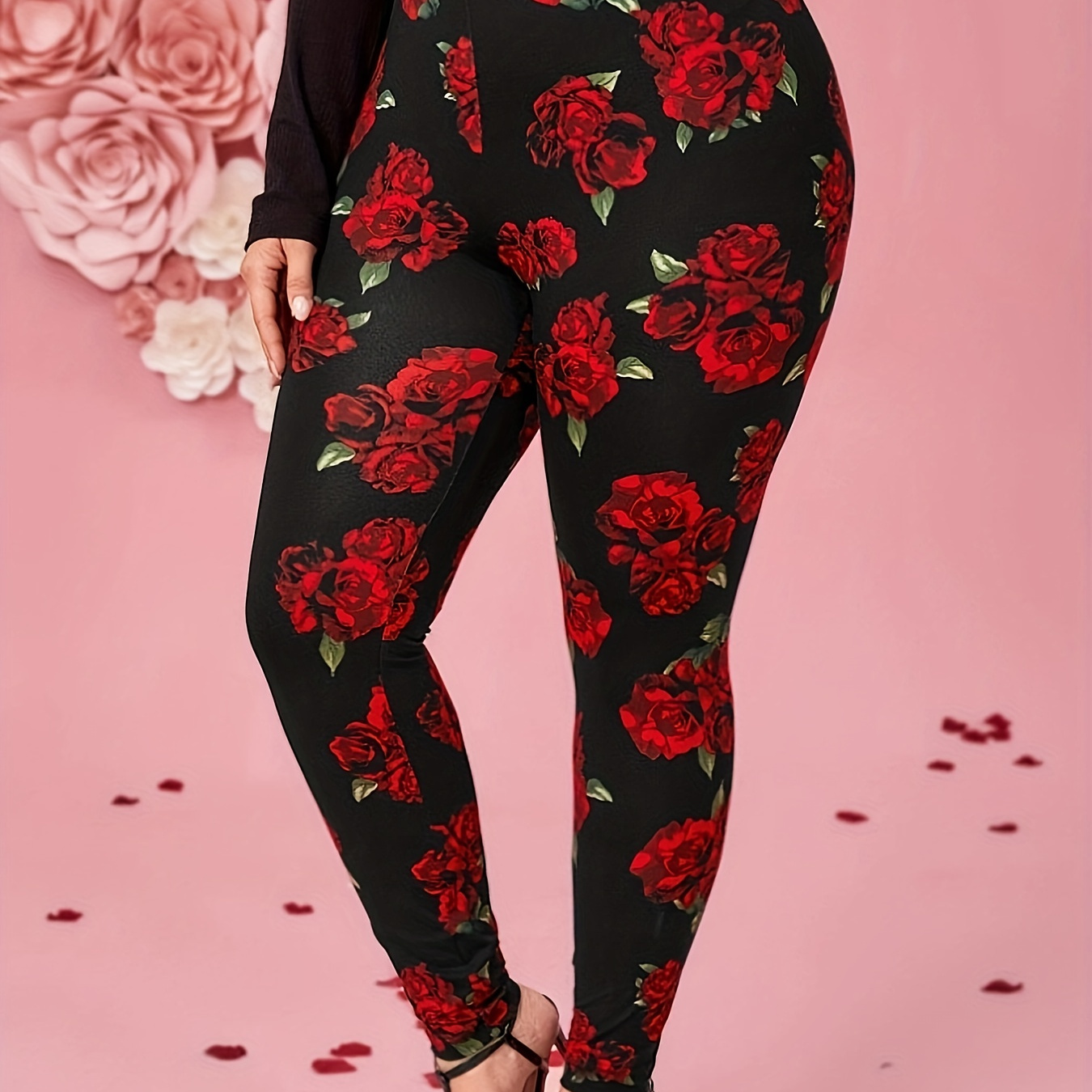 

Leggings ajustés à imprimé floral grande taille, leggings extensibles pour tous les jours décontractés, vêtements grande taille pour femmes