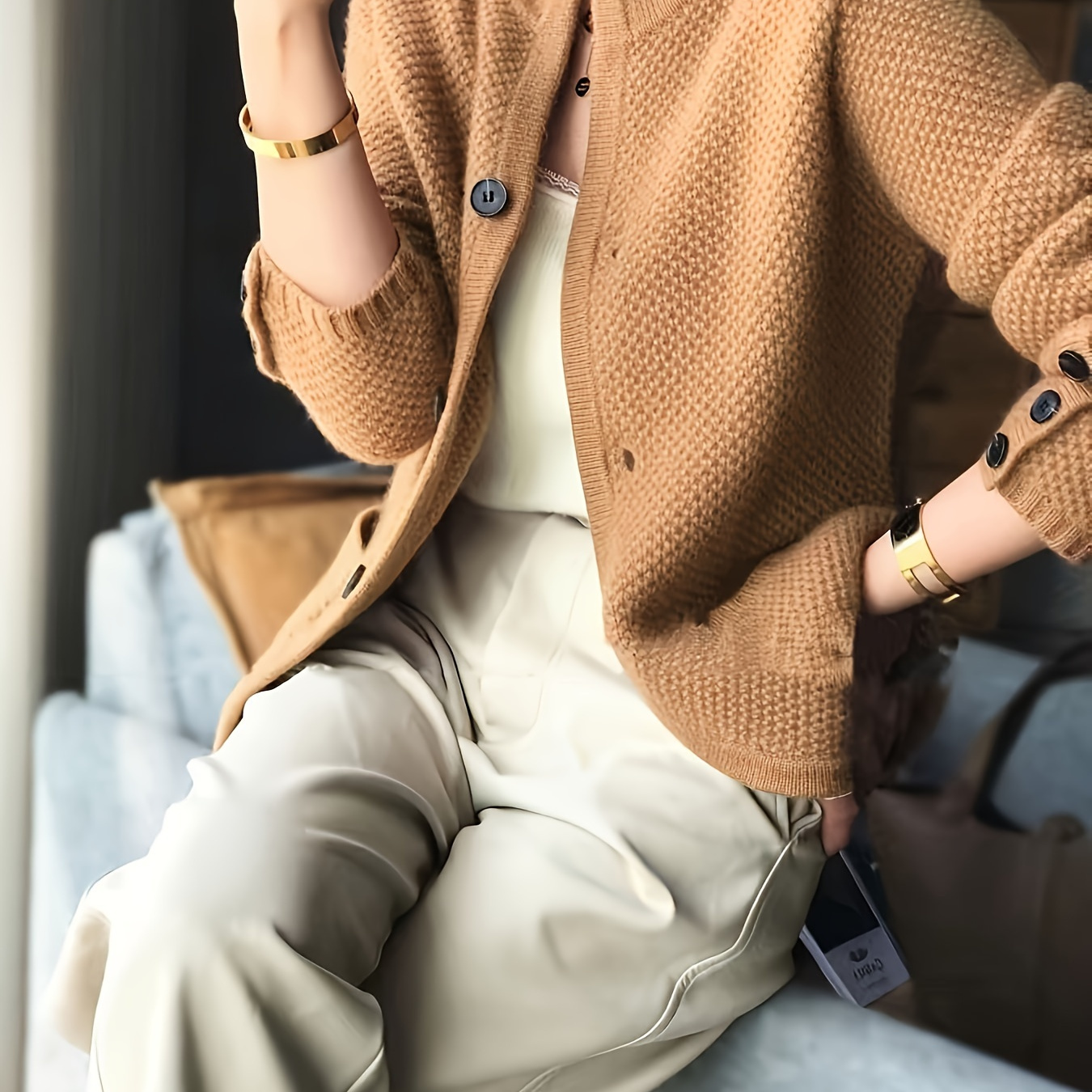 

Cardigans De Couleur Unie Boutonnés Sur Le Devant, Haut Décontracté À Manches Longues Et Col Montant Avec Poches Latérales Pour Tous Les Jours, Vêtements Pour Femmes