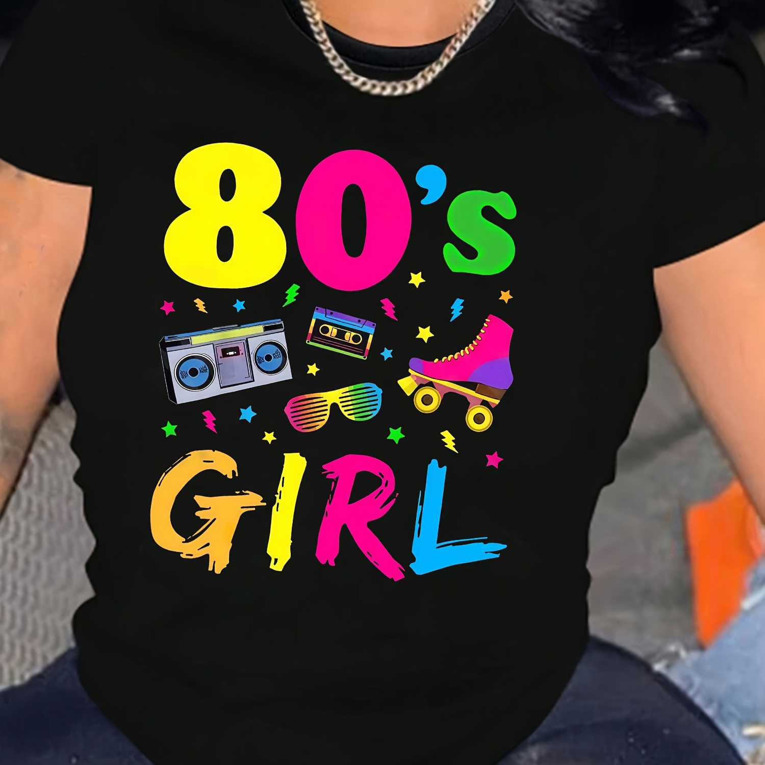 

80's Fille Imprimer T-shirt, Manches Courtes Col Rond Haut Décontracté Pour L'été Et Le Printemps, Vêtements Pour Femmes