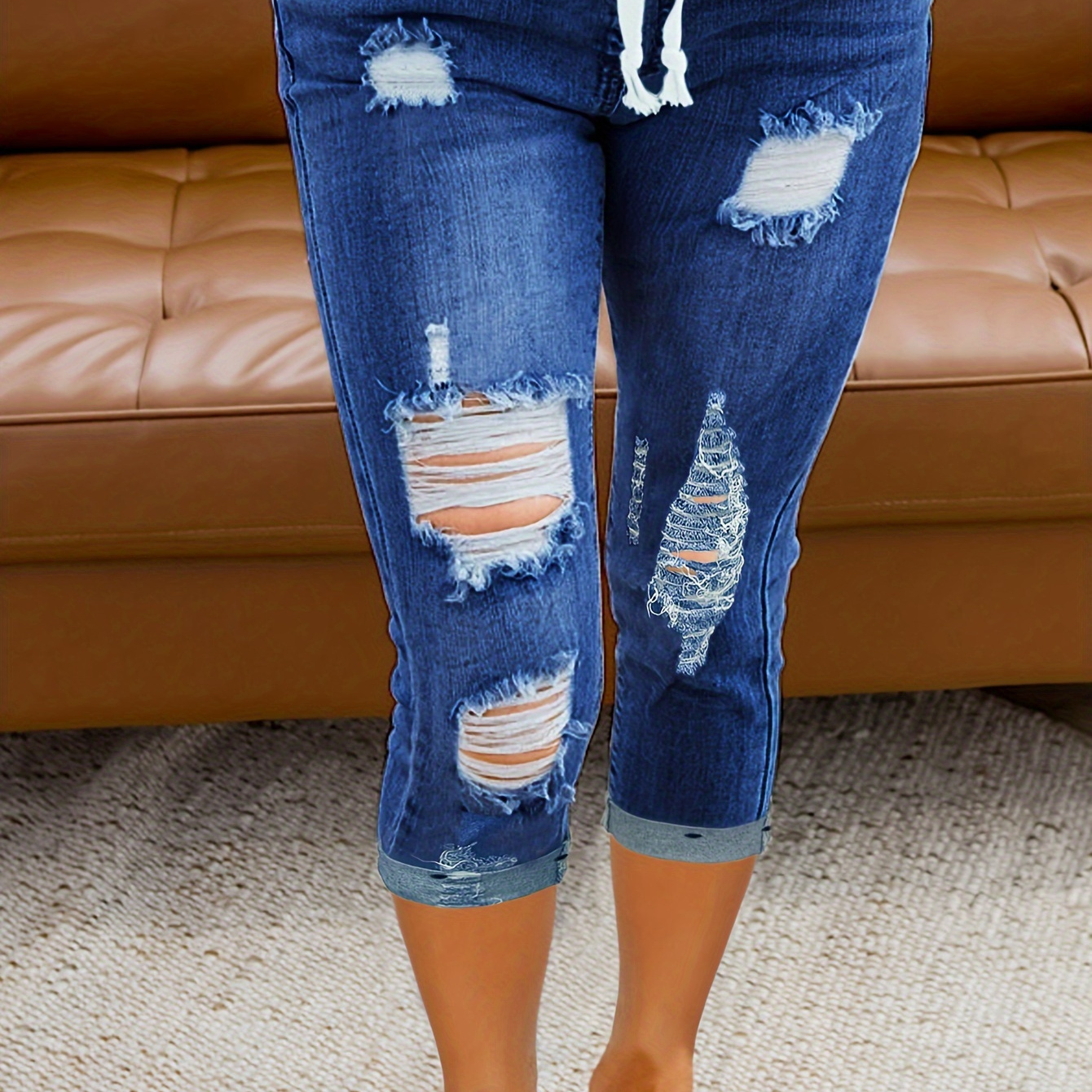 

Women's Fashion Ripped Capri Denim Jeans, Stretchy Slim Fit, Street Style, Mid-calf Length Pants