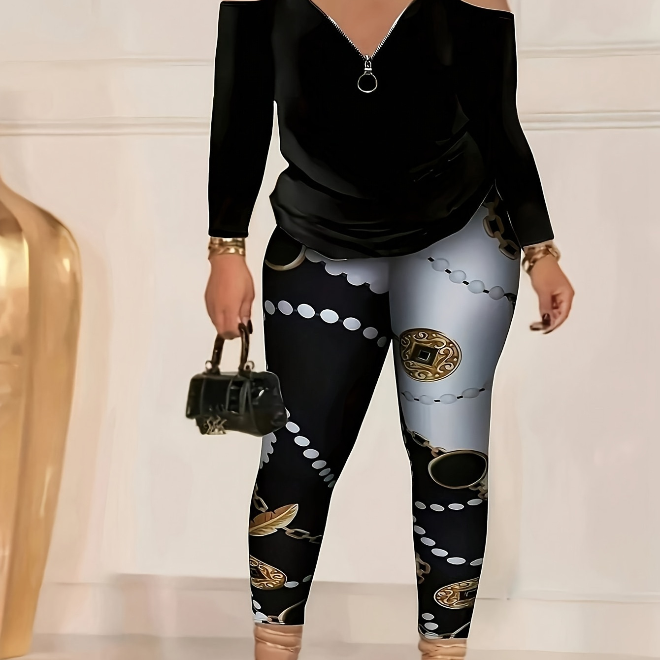 

Plus Size Chic Women's 2pcs Set: Off-shoulder Zip-up T-shirt & Printed Tight Pants - Elegant Polyester, Machine Washable, Black & White With Golden Accents, Party Attire|stylish Set|polyester Fabric