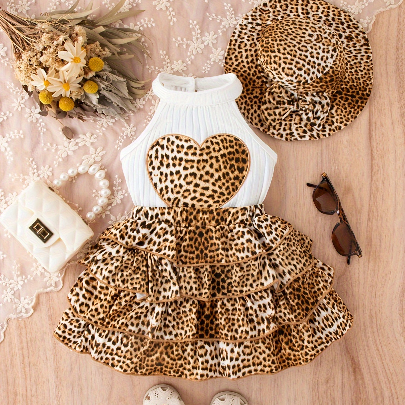 

Baby's Trendy Leopard Pattern 2pcs Summer Outfit, Halter Neck Sleeveless Top & Hat & Layered Skirt Set, Toddler & Infant Girl's Clothes For Daily/holiday, As Gift