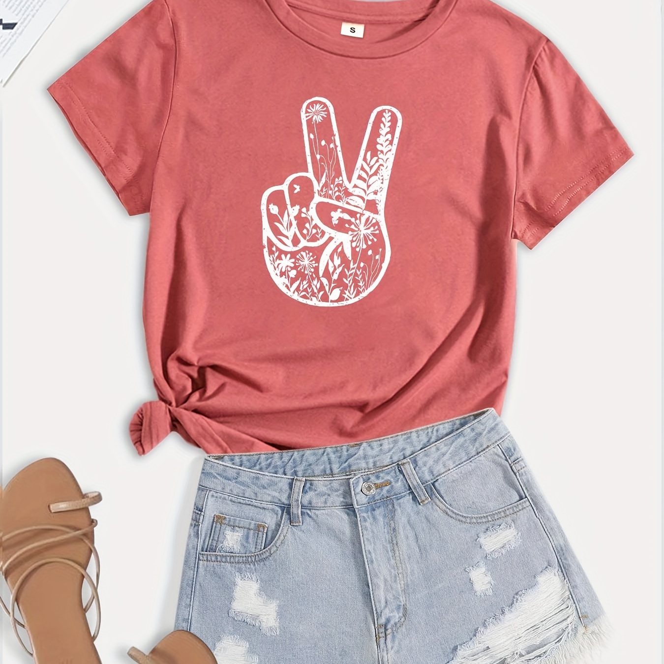 

V Sign Print T-shirt, Short Sleeve Crew Neck Casual Top For Summer & Spring, Women's Clothing