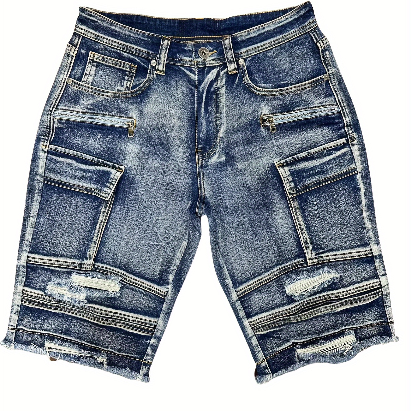 

Men's Casual Distressed Denim Shorts, Knee-length, Zippered Pockets, Frayed Hem, Jean Bermuda - E911826-lb-e5