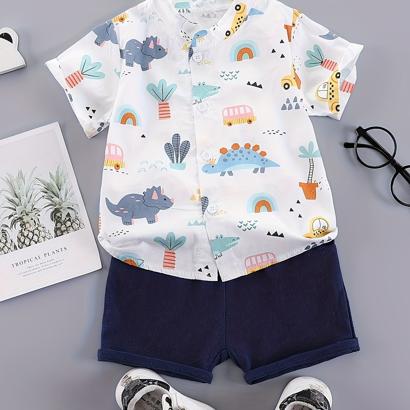 

2pcs Boys Casual Cartoon Dinosaur Allover Graphic Print Short Sleeve Shirt & Shorts Set, Comfy Summer Boys Clothing