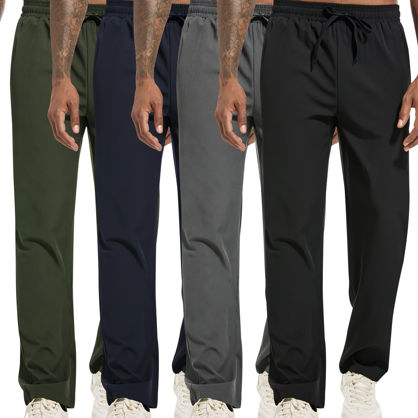 

4pcs Men' Color Straight Leg Pants With Drawstrings, Casual Stylish Sports Trousers As Gift