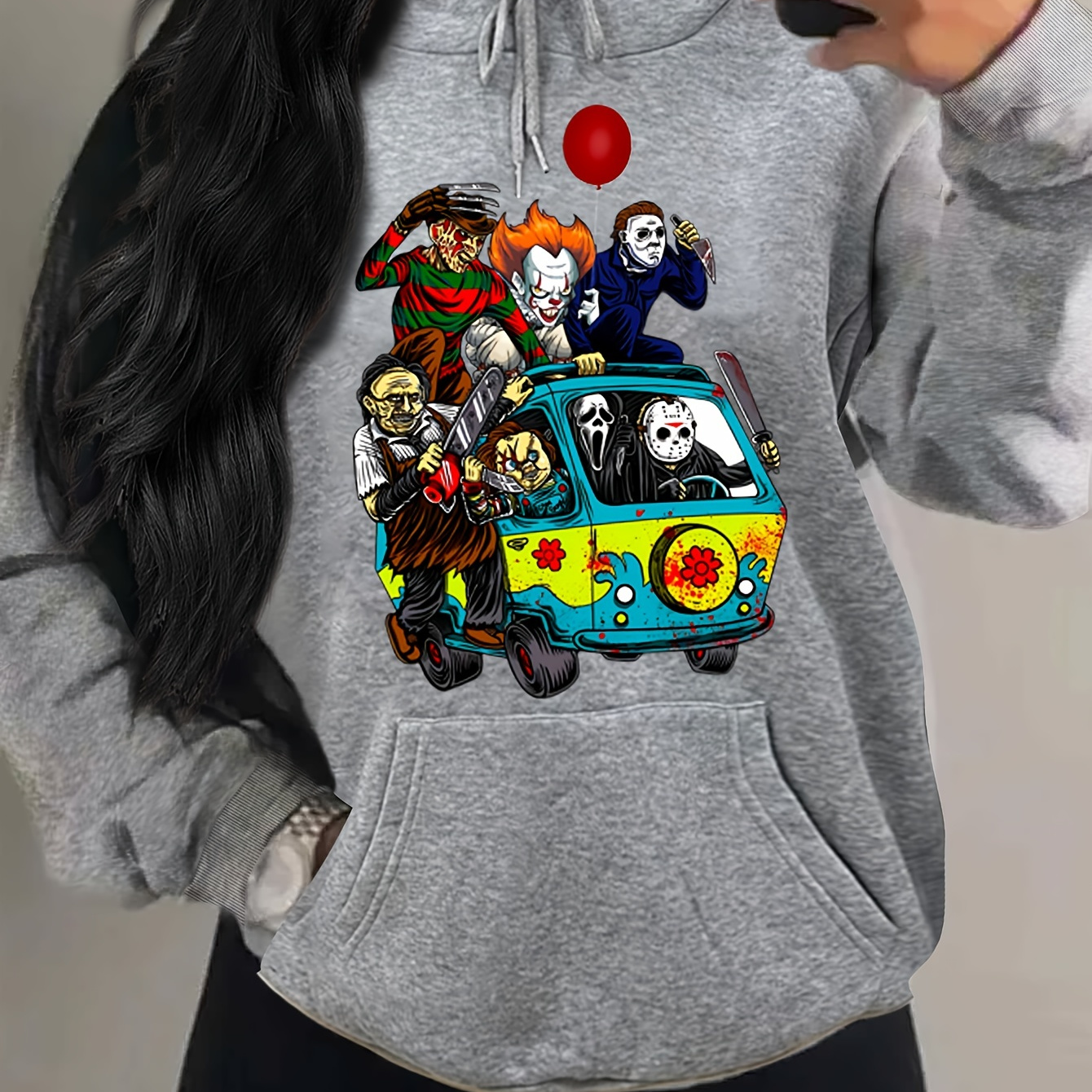 Plus Size Halloween Casual Sweatshirt, Women's Plus Horror Figure Print Long Sleeve Drawstring Hooded Sweatshirt With Pockets